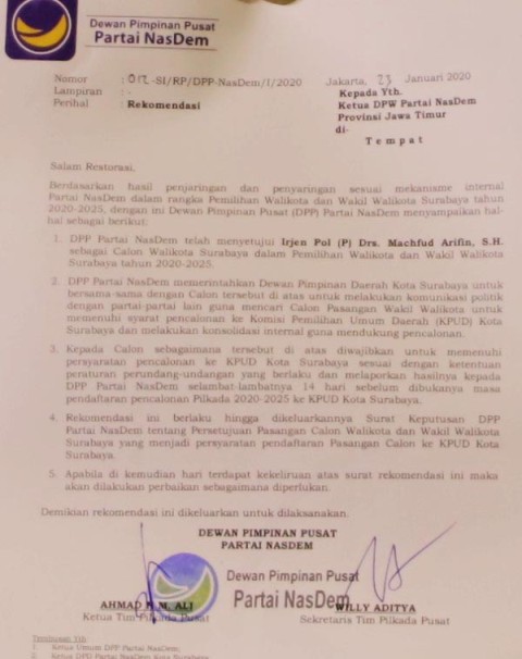 Rekom Nasdem untuk Machfud Ada Batasnya, Bisa Berubah