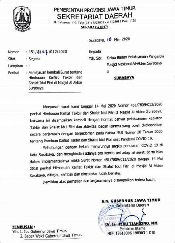 Imbauan Dicabut Shalat Ied di Masjid Al Akbar Batal Digelar