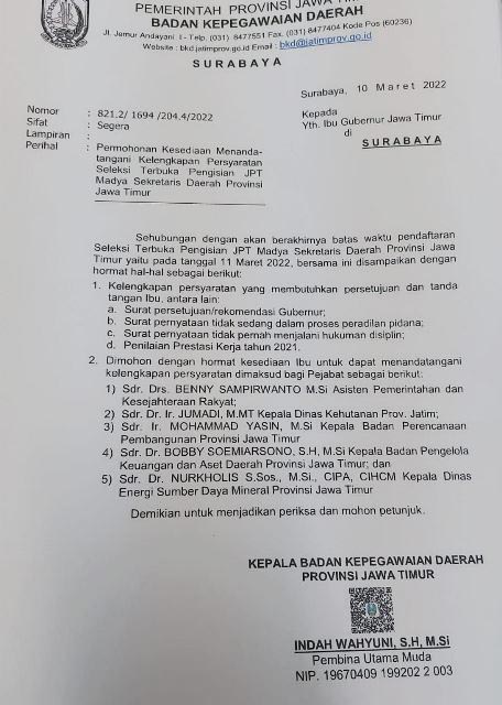 Beredar Surat Kepala BKD ke Khofifah, Inikah 5 Pejabat Calon Sekdaprov Jatim?