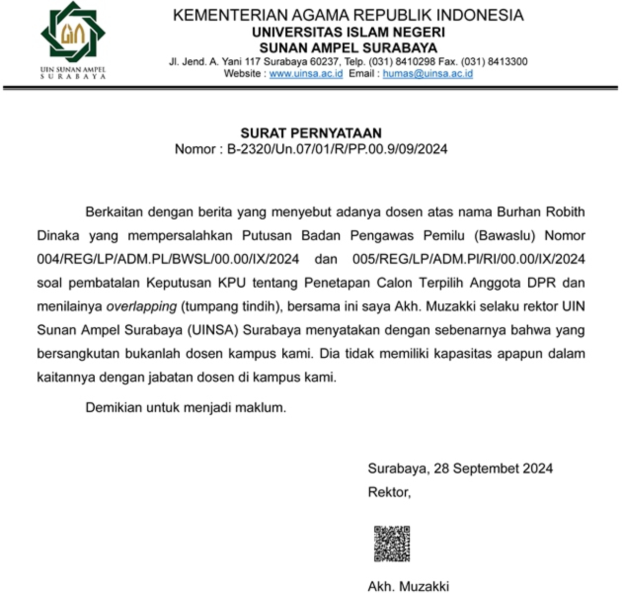 Akademisi UINSA Sebut Bawaslu Ceroboh Anulir Putusan KPU, Rektor: Dia Bukan Dosen Kami!